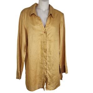 Rafaella Woman Tunic Top Size 10 Linen Shirt Yellow Button Up Long Sleeve Eyelet